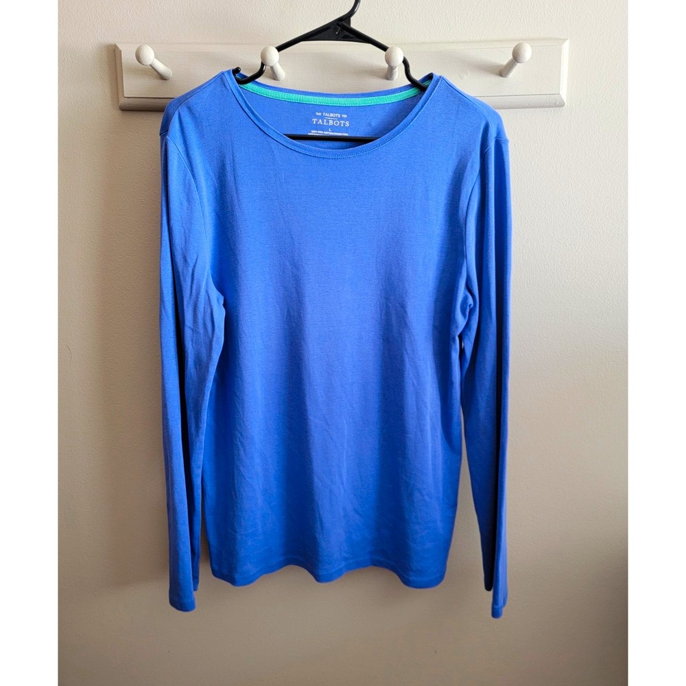 Talbots Women's L Blue L/S Crew Neck Cotton Knit Basic T-Shirt Classic Basic EUC